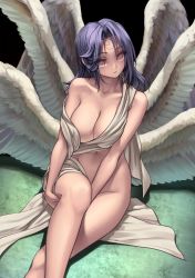 Rule 34 | 1girl, absurdres, bare legs, blue hair, blush, breasts, cleavage, collarbone, commentary request, crescent, crescent facial mark, expressionless, facial mark, groin, head tilt, highres, knee up, large breasts, leg hold, lips, long hair, looking at viewer, midriff, multiple wings, navel, original, parted lips, red eyes, revealing clothes, ryuki@maguro-ex, seraph, solo, stomach, tunic, unfinished, white wings, wings