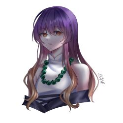 Rule 34 | 1girl, bare shoulders, bead necklace, beads, brown eyes, churuber, commentary request, cropped torso, dated, highres, hijiri byakuren, jewelry, looking at viewer, necklace, parted lips, purple hair, sidelocks, signature, simple background, solo, touhou, upper body, white background