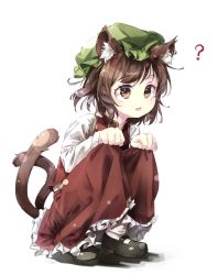 Rule 34 | 1girl, :d, ?, animal ears, brown eyes, brown hair, cat ears, cat tail, chen, earrings, gorilla (bun0615), green hat, hat, highres, jewelry, mob cap, multiple tails, open mouth, short hair, single earring, smile, solo, squatting, tail, touhou, two tails