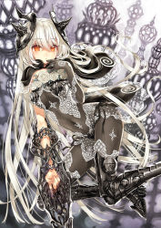 Rule 34 | 1girl, :o, armor, armored boots, blonde hair, bodysuit, boots, breasts, chess piece, claw (weapon), covered navel, finger to mouth, fingernails, headgear, holding, holding weapon, kawaku, long hair, looking at viewer, orange eyes, original, parted lips, silver hair, skin tight, thigh boots, thighhighs, very long hair, weapon, yellow eyes