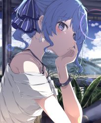 Rule 34 | 1girl, absurdres, blue eyes, blue hair, bra strap, casual, cloud, earrings, hair ribbon, highres, hitakami, hololive, hoshimachi suisei, jewelry, looking at viewer, looking to the side, medium hair, off shoulder, ribbon, shirt, sky, solo, star (symbol), star earrings, upper body, virtual youtuber