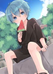 Rule 34 | 1boy, blue eyes, blue hair, eating, food, japanese clothes, male focus, original, os (os fresa), outdoors, popsicle, shorts, sitting, solo, souta (os), twitter username, watermelon bar