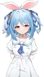 Rule 34 | 1girl, absurdres, animal ears, arms behind back, blue hair, blue neckerchief, blue ribbon, brown eyes, carrot hair ornament, choker, closed mouth, collarbone, dress, food-themed hair ornament, hair between eyes, hair ornament, hair ribbon, head tilt, highres, hikimayu, hololive, lechiennoir, looking at viewer, medium hair, neckerchief, puffy short sleeves, puffy sleeves, rabbit-shaped pupils, rabbit ears, rabbit girl, ribbon, sailor collar, sailor dress, school uniform, short sleeves, simple background, smile, solo, symbol-shaped pupils, thick eyebrows, two side up, usada pekora, usada pekora (casual), virtual youtuber, white background, white sailor collar