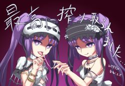 Rule 34 | 2girls, bracelet, choker, cum, cum string, dress, euryale (fate), fate/grand order, fate/hollow ataraxia, fate (series), headband, jewelry, licking, looking at viewer, multiple girls, open mouth, purple eyes, purple hair, siblings, simple background, sisters, stheno (fate), text focus, tongue, tongue out, twins