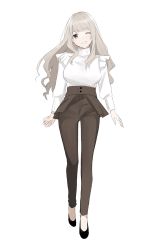 Rule 34 | 1girl, ;), black footwear, breasts, brown eyes, brown pants, full body, highres, large breasts, long hair, looking at viewer, mary janes, morinaga miki, one eye closed, original, pants, shoes, silver hair, simple background, smile, solo, wavy hair, white background