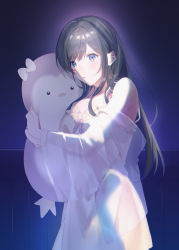 Rule 34 | 1girl, bare shoulders, black hair, blue eyes, blush, bow, breasts, commentary request, highres, holding, holding stuffed toy, indoors, large breasts, long hair, looking at viewer, nightgown, open mouth, original, purple ribbon, ribbon, see-through, see-through sleeves, sinomi, solo, stuffed toy, tareme, white bow, wide sleeves