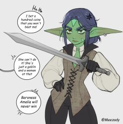 Rule 34 | 1girl, ^^^, amelia (roxxxan), anger vein, black gloves, black pants, brown vest, closed mouth, colored skin, earrings, english text, female goblin, frown, gloves, goblin, green skin, hand on own hip, heterochromia, holding, holding sword, holding weapon, jewelry, long pointy ears, long sleeves, looking at viewer, original, pants, pointy ears, purple eyes, roxxxan, simple background, solo, sword, twitter username, vest, weapon, white background, yellow eyes