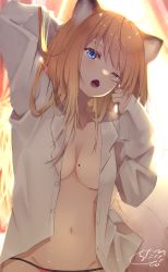 Rule 34 | 1girl, ;o, animal ear fluff, animal ears, arm behind head, arm up, blue eyes, blurry, blurry background, blush, breasts, brown hair, chita (ketchup), collared shirt, commentary request, depth of field, dress shirt, fang, fox ears, groin, head tilt, highres, long hair, long sleeves, looking at viewer, medium breasts, mole, mole on breast, navel, no bra, one eye closed, open mouth, original, panties, pink panties, rubbing eyes, shirt, signature, sleeves past wrists, solo, tears, underwear, waking up, white shirt
