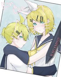 Rule 34 | 1boy, 1girl, aqua eyes, arm warmers, arms around neck, arms around waist, black collar, black sleeves, blonde hair, character name, collar, collared shirt, commentary, drawn ears, drawn whiskers, expressionless, hair ornament, hairclip, highres, kagamine len, kagamine rin, looking at viewer, looking to the side, neckerchief, photo (object), sailor collar, school uniform, shirt, short hair, short ponytail, short sleeves, sleeveless, sleeveless shirt, spiked hair, stylus, swept bangs, vocaloid, white shirt, yellow neckerchief, yuzukun 17
