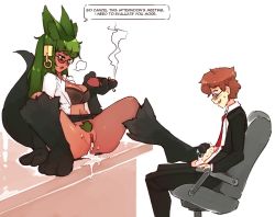 Rule 34 | 1boy, 1girl, after vaginal, aftersex, animal ears, anubis (monster girl encyclopedia), arm support, blush, breasts, cigarette, cleavage, clothes lift, cum, cum in pussy, cum pool, cumdrip, dark skin, english text, footjob, full body, green hair, hetero, husband and wife, large breasts, long hair, no panties, on table, open clothes, open mouth, pencil skirt, penis, pubic hair, pussy, rtil, simple background, sitting, skirt, skirt lift, smoking, spread legs, table, tagme, tail, uncensored, underwear, white background