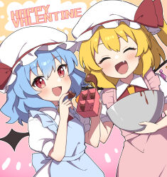Rule 34 | 2girls, ^ ^, absurdres, apron, bat wings, black wristband, blue apron, bowl, closed eyes, collared shirt, fang, flandre scarlet, hat, highres, holding, holding bowl, looking at viewer, miz (mizillustration), mob cap, multiple girls, open mouth, pink apron, puffy short sleeves, puffy sleeves, remilia scarlet, shirt, short sleeves, siblings, sisters, smile, touhou, white headwear, white shirt, wings