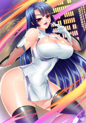 Rule 34 | 1girl, ass, blue hair, breasts, city, curvy, highres, hime cut, large breasts, long hair, looking at viewer, night, red eyes, revealing clothes, shiny skin, smile, solo, taimanin (series), taimanin murasaki, very long hair, wide hips, yatsu murasaki