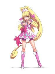 Rule 34 | 1girl, :d, aida mana, bike shorts, bike shorts under skirt, blonde hair, boots, bow, brooch, choker, cure heart, curly hair, dokidoki! precure, full body, half updo, heart, heart brooch, heart hands, highres, jewelry, knee boots, long hair, magical girl, nanaku teiru, open mouth, pink bow, pink eyes, pink footwear, ponytail, precure, shorts, shorts under skirt, simple background, skirt, smile, solo, white background