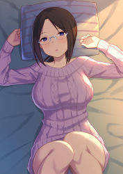 Rule 34 | 1girl, :o, aran sweater, bed, blush, breasts, brown hair, cable knit, commentary request, empty eyes, from above, glasses, hands up, head tilt, highres, hiyori hamster, knees together feet apart, knees up, large breasts, long hair, long sleeves, looking at viewer, lying, nose blush, on back, on bed, original, panties, pantyshot, parted bangs, pillow, pink sweater, ponytail, purple eyes, rimless eyewear, sidelocks, solo, striped pillow, sunlight, sweat, sweater, teacher, underwear, white panties