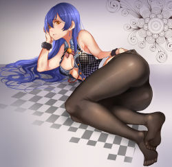 Rule 34 | 10s, 1girl, arm support, ass, back-seamed legwear, bad id, bad pixiv id, blue hair, bra, breasts, cleavage, earrings, feet, highres, jewelry, lips, long hair, love live!, love live! school idol project, lying, medium breasts, no shoes, on side, open clothes, open shirt, pantyhose, revision, seamed legwear, shirt, skirt, solo, sonoda umi, toes, underwear, xiaoshou xiansheng, yellow eyes
