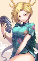 Rule 34 | 1girl, alternate costume, antlers, aqua dress, blonde hair, bracelet, china dress, chinese clothes, commentary request, commission, cowboy shot, dragon tail, dress, ear piercing, floral print, grin, hand fan, highres, holding, holding fan, horns, jewelry, kicchou yachie, looking at viewer, piercing, re (re 09), red eyes, short hair, short sleeves, skeb commission, smile, solo, tail, touhou, turtle shell