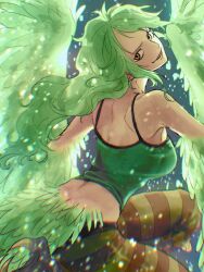Rule 34 | 1girl, bare shoulders, bird legs, breasts, commentary request, crop top, feathered wings, feathers, green feathers, green hair, green tank top, green wings, harpy, highres, large breasts, long hair, looking at viewer, looking back, monet (one piece), monster girl, one piece, smile, solo, striped, striped leggings, talons, tank top, urasanmyaku, winged arms, wings, yellow eyes