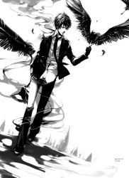 Rule 34 | 1boy, artist name, bad id, bad pixiv id, bird, black gloves, black hair, black necktie, crow, dated, dutch angle, feathers, formal, gloves, greyscale, hand in pocket, hibari kyouya, highres, katekyo hitman reborn!, looking to the side, male focus, monochrome, necktie, shoes, short hair, simple background, sketch, smoke, solo, suit, walking, wavesheep, white background