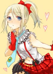 Rule 34 | 10s, 1girl, alternate hairstyle, ayase alisa, ayase eli, ayase eli (cosplay), bad id, bad pixiv id, blonde hair, blue eyes, bokura wa ima no naka de, bow, cosplay, female focus, finger to own chin, fingerless gloves, frills, gloves, hair bow, hair ornament, hairclip, heart, looking at viewer, love live!, love live! school idol project, midriff, navel, necktie, ponytail, simple background, skirt, solo, standing, tarachine