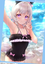 Rule 34 | 1girl, absurdres, alternate costume, animal ears, arm up, armpits, black one-piece swimsuit, blush, bow, breasts, cleavage, closed mouth, commentary request, cowboy shot, curren chan (umamusume), ear bow, ear covers, grey hair, highres, horse ears, horse girl, horse tail, lens flare, looking at viewer, medium breasts, one-piece swimsuit, outdoors, peteron, pink bow, purple eyes, short hair, smile, solo, swimsuit, tail, text messaging, twitter username, umamusume, w