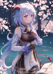 Rule 34 | 1girl, absurdres, ahoge, bare shoulders, bell, black gloves, black pantyhose, blue hair, breasts, cherry blossoms, chinese commentary, chui chui qy, detached sleeves, ganyu (genshin impact), genshin impact, gloves, gold trim, hand on own chest, highres, horns, long hair, looking at viewer, medium breasts, neck bell, open mouth, pantyhose, purple eyes, sidelocks, solo, standing, tassel, thighlet, thighs, white sleeves