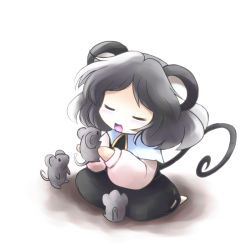 Rule 34 | 1girl, animal ears, chibi, closed eyes, female focus, grey hair, mouse (animal), mouse ears, mouse tail, nazrin, sitting, solo, tail, touhou, white background, yume shokunin