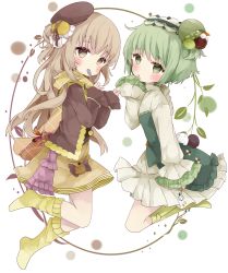 Rule 34 | 2girls, absurdres, bad id, bad pixiv id, beret, black shirt, blush, boots, brown eyes, brown hair, brown headwear, brown jacket, brown skirt, clothes grab, commentary request, covered mouth, dress, frilled dress, frills, green eyes, green footwear, green hair, hair bun, hair ornament, hand to own mouth, hat, highres, holding, holding spoon, jacket, knee boots, long hair, long sleeves, looking at viewer, multiple girls, no shoes, open clothes, open jacket, original, shirt, single hair bun, skirt, sleeve grab, sleeves past wrists, socks, spoon, tilted headwear, tsukiyo (skymint), very long hair, white background, white dress, yellow legwear