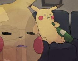 Rule 34 | alcohol, animal focus, artist name, black eyes, blush stickers, boke-chan, bottle, couch, creatures (company), drooling, drunk, empty eyes, full body, game freak, gen 1 pokemon, holding, holding bottle, indoors, meme, nintendo, no humans, on couch, open mouth, pikachu, pokemon, pokemon (creature), redlettermedia, rich evans, saliva, sitting, sketch, solo, twitter username, watermark, wine bottle, zoom layer