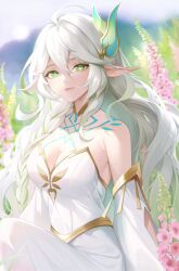 Rule 34 | 1girl, absurdres, ahoge, bare shoulders, blurry, blurry background, body markings, braid, breasts, cleavage, closed mouth, clothing cutout, commentary, cross-shaped pupils, day, detached sleeves, dress, flower, genshin impact, gold trim, green eyes, green hair, hair between eyes, hair ornament, highres, jewelry, knee up, lips, long hair, long sleeves, looking at viewer, medium breasts, minzu u, multicolored hair, neck ring, outdoors, pink flower, pointy ears, rukkhadevata (genshin impact), single braid, sitting, smile, solo, strapless, strapless dress, streaked hair, symbol-shaped pupils, two-tone hair, very long hair, white dress, white hair, white sleeves