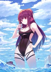 Rule 34 | 1girl, absurdres, armpits, bare arms, black one-piece swimsuit, blue sky, blush, braid, breasts, casual one-piece swimsuit, choker, cleavage, closed mouth, cloud, collarbone, covered navel, cowboy shot, crown braid, day, dinergate (girls&#039; frontline), eyes visible through hair, girls&#039; frontline, groin, hair ribbon, hand up, highleg, highleg swimsuit, highres, jayamon, large breasts, long hair, official alternate costume, one-piece swimsuit, one eye closed, ponytail, purple hair, red eyes, ribbon, sidelocks, skindentation, sky, solo, standing, sweat, swimsuit, thigh strap, thighs, very long hair, wa2000 (girls&#039; frontline), wa2000 (op. manta ray) (girls&#039; frontline), water, water drop