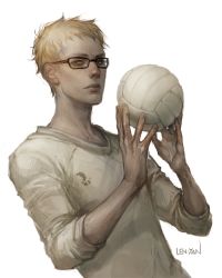 Rule 34 | 10s, 1boy, artist name, ball, blonde hair, expressionless, glasses, haikyuu!!, holding, holding ball, len-yan, magdalena pagowska, male focus, playing sports, signature, sleeves pushed up, solo, tsukishima kei, upper body, volleyball, volleyball (object), white background, yellow eyes