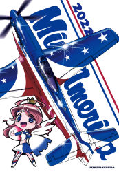 Rule 34 | 1girl, 2022, ahoge, aircraft, airplane, american flag, american flag print, american flag shirt, artist name, blue headband, blue skirt, brown hair, canopy (aircraft), chibi, chibi inset, crown, fang, fighter jet, flag print, from above, headband, highres, holding, holding pom poms, jet, long hair, matsuda miki, military, military vehicle, p-51 mustang, personification, pom pom (cheerleading), pom poms, real life, skirt, sparkle, vehicle focus, white skirt