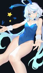 Rule 34 | 1girl, alternate costume, animal ears, bare legs, bare shoulders, black background, blue eyes, blue hair, blue leotard, breasts, cleavage, commentary, fake animal ears, feet out of frame, furina (genshin impact), genshin impact, groin, highres, leotard, long hair, looking at viewer, mouth hold, playboy bunny, rabbit ears, siun, small breasts, solo, star (symbol), strapless, strapless leotard, thighs, very long hair, wrist cuffs