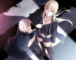 Rule 34 | 2girls, artoria pendragon (all), artoria pendragon (fate), black jacket, black legwear, black shirt, black shorts, blonde hair, breasts, cleavage, collarbone, fate (series), floating hair, from above, fur trim, geduan, hair between eyes, highres, jacket, jeanne d&#039;arc (fate), jeanne d&#039;arc alter (fate), jeanne d&#039;arc alter (ver. shinjuku 1999) (fate), jewelry, long hair, looking at viewer, looking back, looking up, multiple girls, necklace, official alternate costume, open clothes, open jacket, parted lips, saber alter, saber alter (ver. shinjuku 1999) (fate), shirt, short hair, short shorts, shorts, sitting, small breasts, thighhighs, yellow eyes