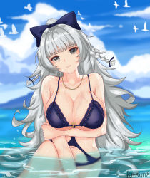 Rule 34 | 1girl, absurdres, arm under breasts, artist name, azur lane, bird, blue sky, bow, braid, breast hold, breasts, cleavage, covered erect nipples, grey eyes, hair bow, highres, kitsun8, large breasts, looking at viewer, official alternate costume, one-piece swimsuit, partially submerged, purple bow, purple one-piece swimsuit, silver hair, sky, solo, swimsuit, vittorio veneto (azur lane), vittorio veneto (the flower of la spezia) (azur lane), water, wet, white bird