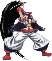 Rule 34 | 1girl, ainu clothes, arm up, armpit peek, attack, blue eyes, blue hair, breasts, fingerless gloves, gloves, hair ribbon, highres, legs, long hair, nakoruru, open mouth, pants, ribbon, samurai spirits, small breasts, snk, the king of fighters, thighs, weapon
