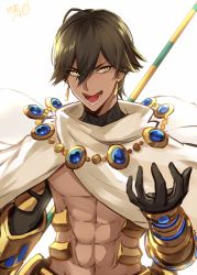 Rule 34 | 1boy, abs, ahoge, artist name, backlighting, brown hair, cloak, dark-skinned male, dark skin, fate/prototype, fate/prototype: fragments of blue and silver, fate (series), hair between eyes, hand up, holding, holding weapon, looking at viewer, male focus, open mouth, ozymandias (fate), polearm, signature, simple background, smile, solo, takehana note, toned, toned male, upper body, weapon, white background, yellow eyes