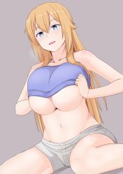 Rule 34 | 1girl, bare shoulders, blonde hair, blue eyes, breasts, breasts squeezed together, clothes lift, dutch angle, fang, grey background, grey shorts, hair between eyes, hair flaps, highres, huge breasts, long hair, mori yoshihara (naozuri), naozuri, navel, no bra, open mouth, original, shirt lift, short shorts, shorts, simple background, solo, spaghetti strap, sweat, underboob, very long hair