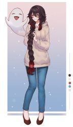 Rule 34 | 1girl, alternate costume, boo tao (genshin impact), brown hair, casual, commentary, commission, contemporary, denim, full body, genshin impact, grey hoodie, grin, highres, hood, hoodie, hu tao (genshin impact), jeans, long braid, long hair, long sleeves, looking at viewer, no headwear, pants, red eyes, rurui134, shoes, smile, solo, standing, very long hair