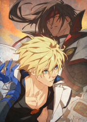 Rule 34 | 2boys, blonde hair, blue gloves, brown hair, father-in-law and son-in-law, fingerless gloves, forehead protector, gloves, guilty gear, guilty gear strive, headband, highres, jacket, jacket on shoulders, ky kiske, long hair, long sleeves, male focus, multiple boys, muscular, muscular male, partially fingerless gloves, pectoral cleavage, pectorals, red eyes, short hair, sol badguy, spiked hair, talgi, white jacket