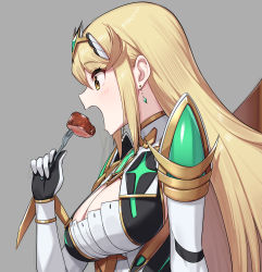 Rule 34 | 1girl, absurdres, armor, blonde hair, blush, breasts, chest jewel, cleavage, cleavage cutout, clothing cutout, dress, earrings, eating, food, fork, from side, gloves, green322, grey background, highres, holding, holding fork, jewelry, large breasts, long hair, meat, mythra (xenoblade), open mouth, pointy ears, profile, shoulder armor, simple background, solo, straight hair, tiara, underbust, upper body, very long hair, white dress, white gloves, wrist guards, xenoblade chronicles (series), xenoblade chronicles 2, yellow eyes