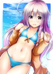 Rule 34 | 1girl, ahoge, bikini, blue bikini, braid, breasts, breasts apart, brown jacket, cameltoe, collarbone, cowboy shot, dutch angle, flat chest, front-tie bikini top, front-tie top, frown, gluteal fold, hair between eyes, hair ribbon, hoshi syoko, idolmaster, idolmaster cinderella girls, jacket, long hair, long sleeves, looking at viewer, ment, navel, off shoulder, open clothes, open jacket, open mouth, orange jacket, orange ribbon, outside border, pink ribbon, polka dot, polka dot bikini, purple eyes, purple hair, ribbon, side braid, single braid, skindentation, small breasts, solo, standing, stomach, swimsuit, tareme, thigh gap, very long hair, water, water drop, wilted ahoge