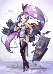 Rule 34 | 10s, 1girl, aegis (nerocc), bare shoulders, belt, big hair, black thighhighs, breasts, character name, covered navel, destroyer, dress, folded fan, folding fan, full body, gloves, hair intakes, hand fan, hand on own hip, hatsuharu (destroyer), hatsuharu (kancolle), high heels, hikimayu, kantai collection, long hair, looking at viewer, machinery, medium breasts, military, military vehicle, neckerchief, ocean, pelvic curtain, ponytail, purple eyes, purple hair, sailor collar, sailor dress, shide, ship, side slit, sideboob, smile, solo, thighhighs, very long hair, warship, watercraft, whistle, white dress, white gloves
