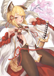 Rule 34 | 1girl, absurdres, animal ears, bare shoulders, black pantyhose, blonde hair, blush, braid, breasts, collarbone, commentary request, detached sleeves, dog ears, granblue fantasy, hair ornament, highres, japanese clothes, looking at viewer, miso (b7669726), open mouth, pantyhose, rope, short hair, small breasts, smile, solo, sword, tail, vajra (granblue fantasy), weapon