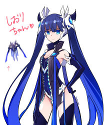Rule 34 | &gt;:(, 1girl, bare hips, bare shoulders, blue eyes, blue hair, censored, elbow gloves, elsword, gloves, hand on own hip, high collar, highres, humanization, icedango (dpopic3), jacket, leotard, light frown, long hair, mosaic censoring, open clothes, open jacket, solo, spatio reaper (elsword), standing, thighhighs, twintails, v-shaped eyebrows, very long hair