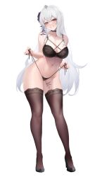 Rule 34 | 1girl, absurdres, ahoge, bare arms, bare shoulders, black bra, black choker, black footwear, black nails, black panties, bra, breasts, brown thighhighs, choker, cleavage, collarbone, commission, contrapposto, full body, grin, hair ornament, high heels, highres, holding, lace, lace-trimmed bra, lace trim, large breasts, leg tattoo, lingerie, long hair, looking at viewer, multi-strapped bra, nail polish, navel, nine (kanine41), original, panties, red eyes, second-party source, side-tie panties, simple background, smile, solo, standing, stomach, string panties, tattoo, thighhighs, thighs, underwear, underwear only, untied panties, very long hair, white background, white hair