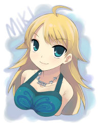 Rule 34 | 00s, 1girl, blonde hair, blue background, breasts, cleavage, collarbone, eyebrows, green eyes, hoshii miki, idolmaster, idolmaster (classic), idolmaster 1, jewelry, large breasts, long hair, looking at viewer, necklace, otoutogimi, pearl necklace, simple background, solo