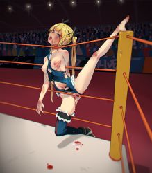 Rule 34 | 1girl, after vaginal, aftersex, artist request, asphyxiation, barefoot, blonde hair, blood, blue eyes, blush, breasts, cum, cum in pussy, cuts, dead or alive, feet, functionally nude, guro, highres, injury, long hair, marie rose, nipples, open mouth, pussy, ryona, solo, tears, thighhighs, toes, tongue, tongue out, torn clothes, twintails