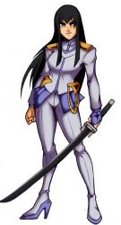 Rule 34 | 10s, 1girl, alternate costume, black hair, blue eyes, clenched hand, eyebrows, fingerless gloves, full body, gloves, high heels, highres, kill la kill, kiryuuin satsuki, long hair, pants, shining dazzler, shoulder pads, single glove, solo, standing, sword, thick eyebrows, weapon
