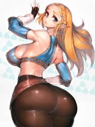 Rule 34 | 1girl, adapted costume, ass, bare shoulders, blue eyes, blush, braid, breasts, detached sleeves, elbow gloves, from behind, fumio (rsqkr), gloves, hair ornament, hairclip, highres, huge ass, large breasts, long hair, looking at viewer, looking back, nintendo, pants, pantyhose, pointy ears, princess zelda, shiny clothes, shiny skin, sideboob, skin tight, solo, the legend of zelda, the legend of zelda: breath of the wild